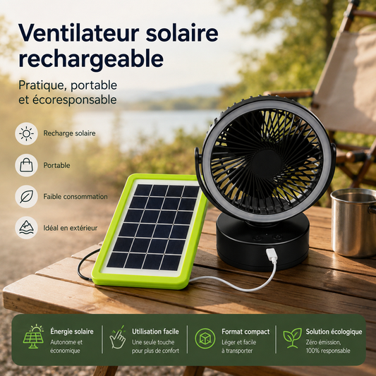 Ventilateur LED Recharge solaire pour Camping – Confort et Autonomie en Pleine Nature