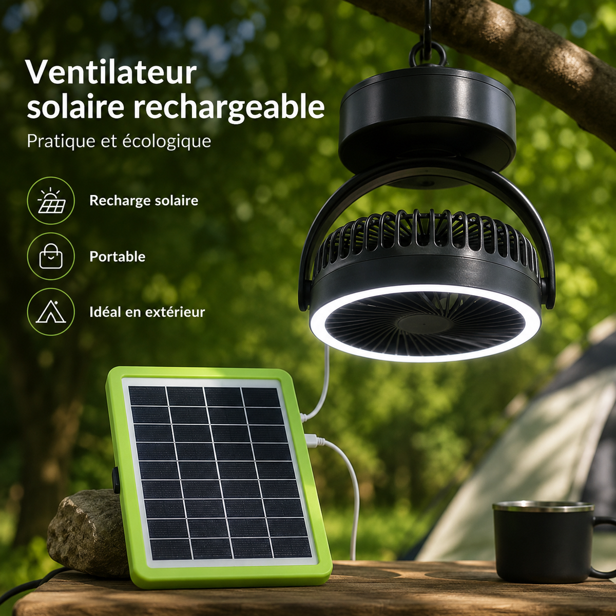 Ventilateur LED Recharge solaire pour Camping – Confort et Autonomie en Pleine Nature