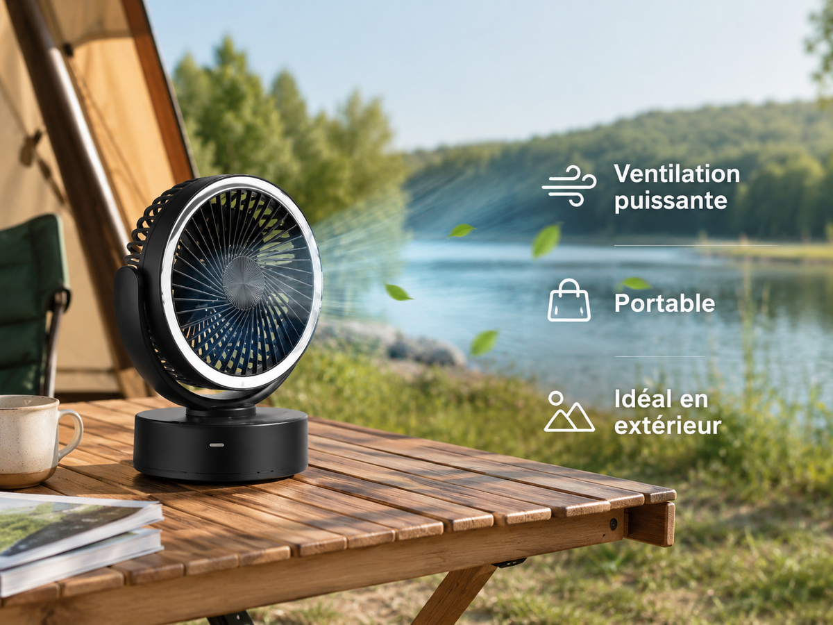 Ventilateur LED Recharge solaire pour Camping – Confort et Autonomie en Pleine Nature